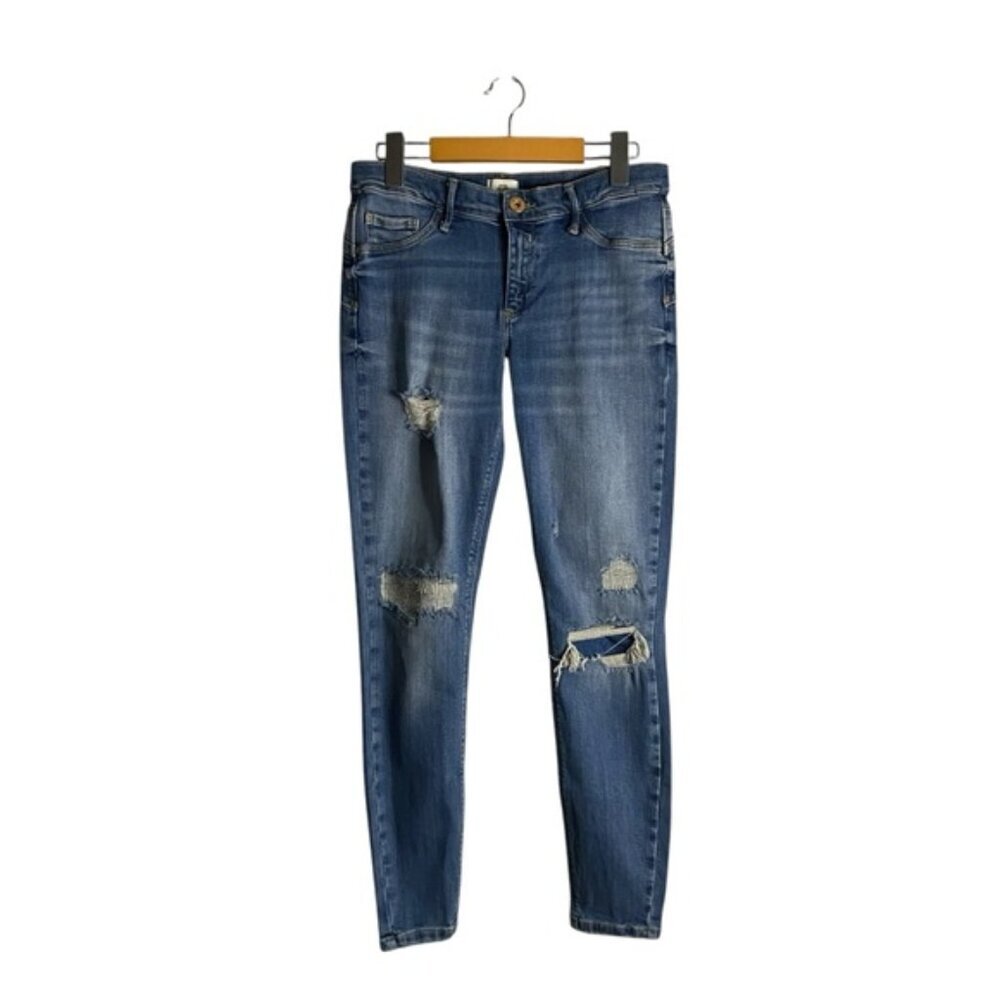 River Island Women's Medium Indigo Mid Rise Distressed Skinny Denim Jean